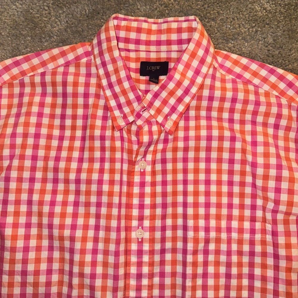 J. Crew Long Sleeve Button Down Shirt Size Large Pink Orange & White Gingham